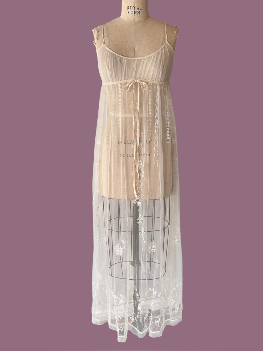 Vintage Y2K Victorias Secret Ivory White Sheer Mesh Embroidery Maxi Slip Dress